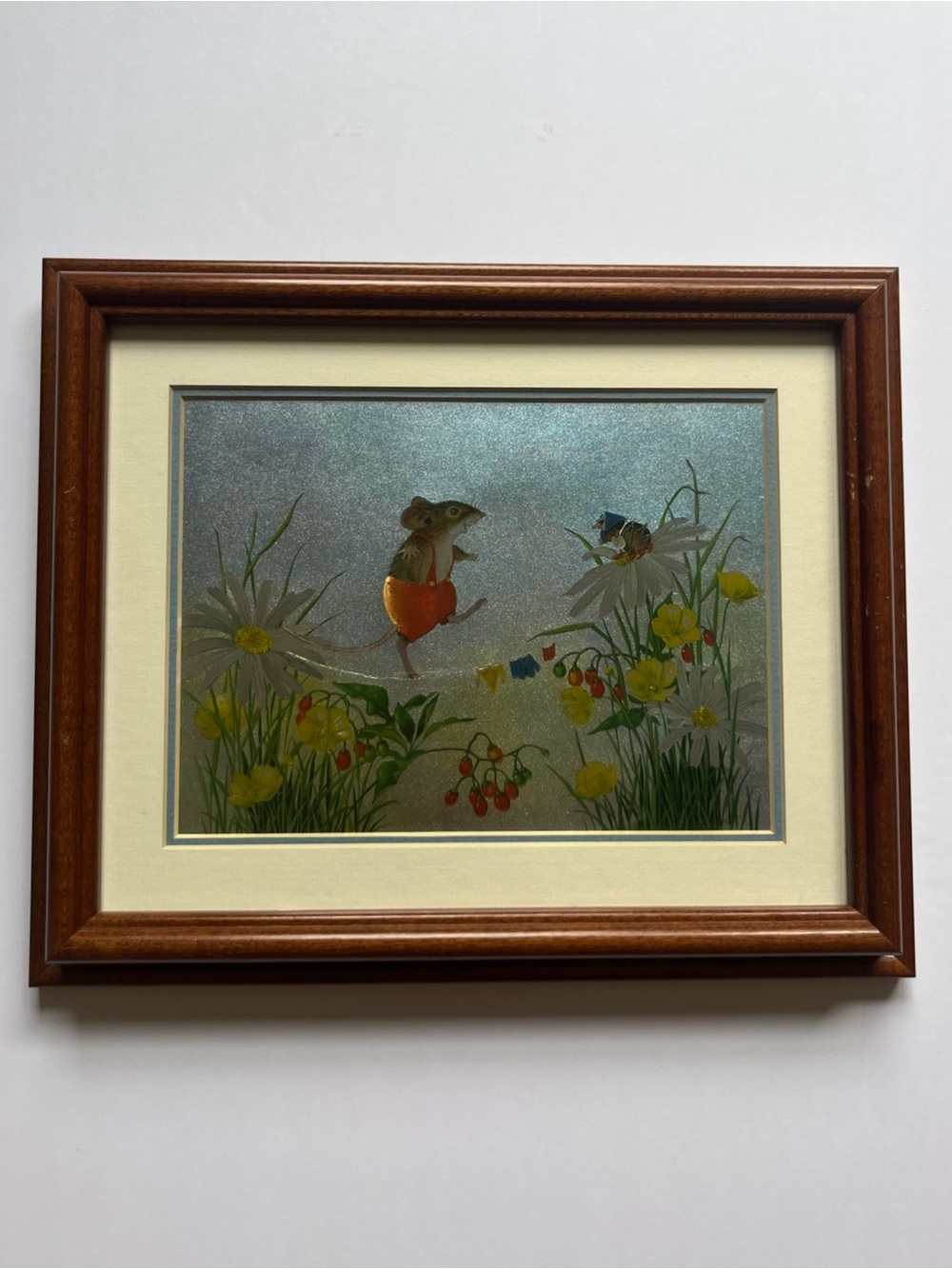 Vintage Dufex Foil Art Framed Mouse and Flowers Artwork in Brown Frame
